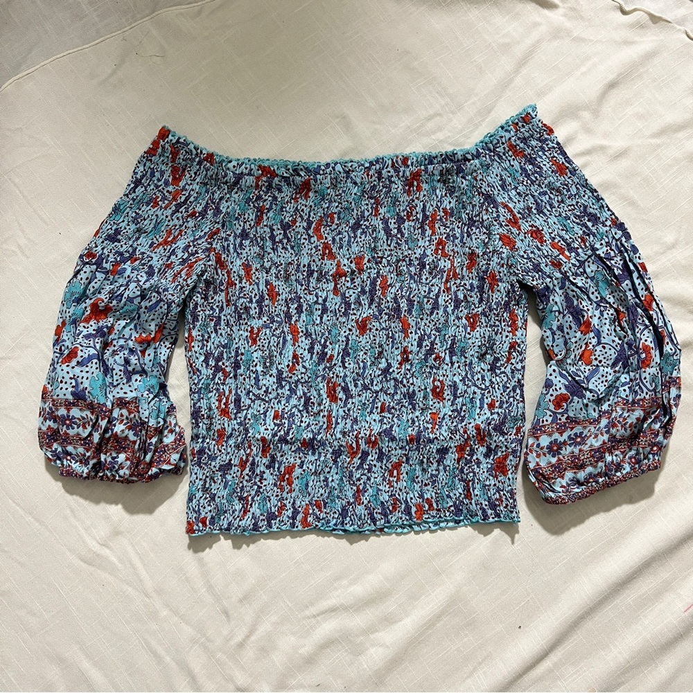 Poupette St. Barth Light Blue Red Floral Smocked Off-Shoulder Top